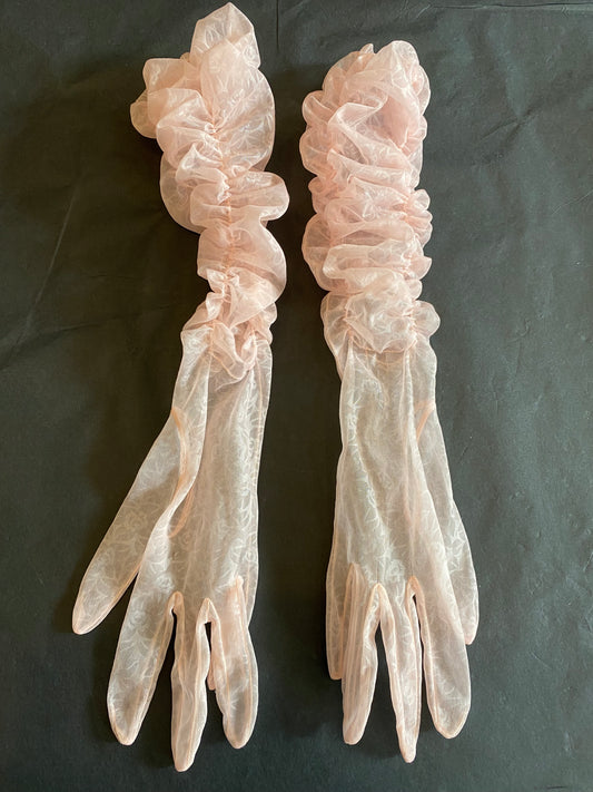 Vintage 1950s/1960s Sheer Pink Ruched Opera Gloves