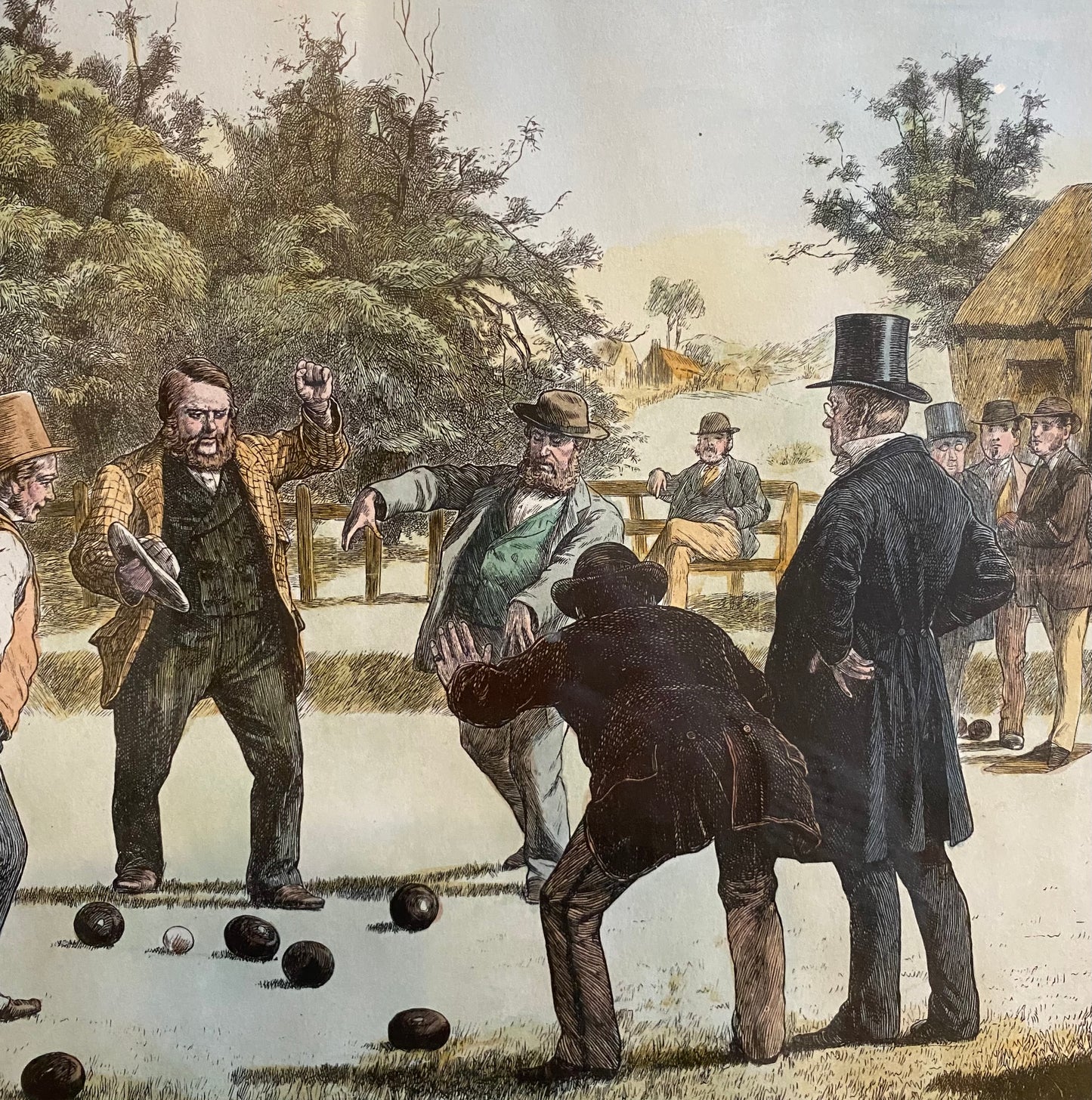 Victorian hand tinted lithograph entitled “a game of bowls”