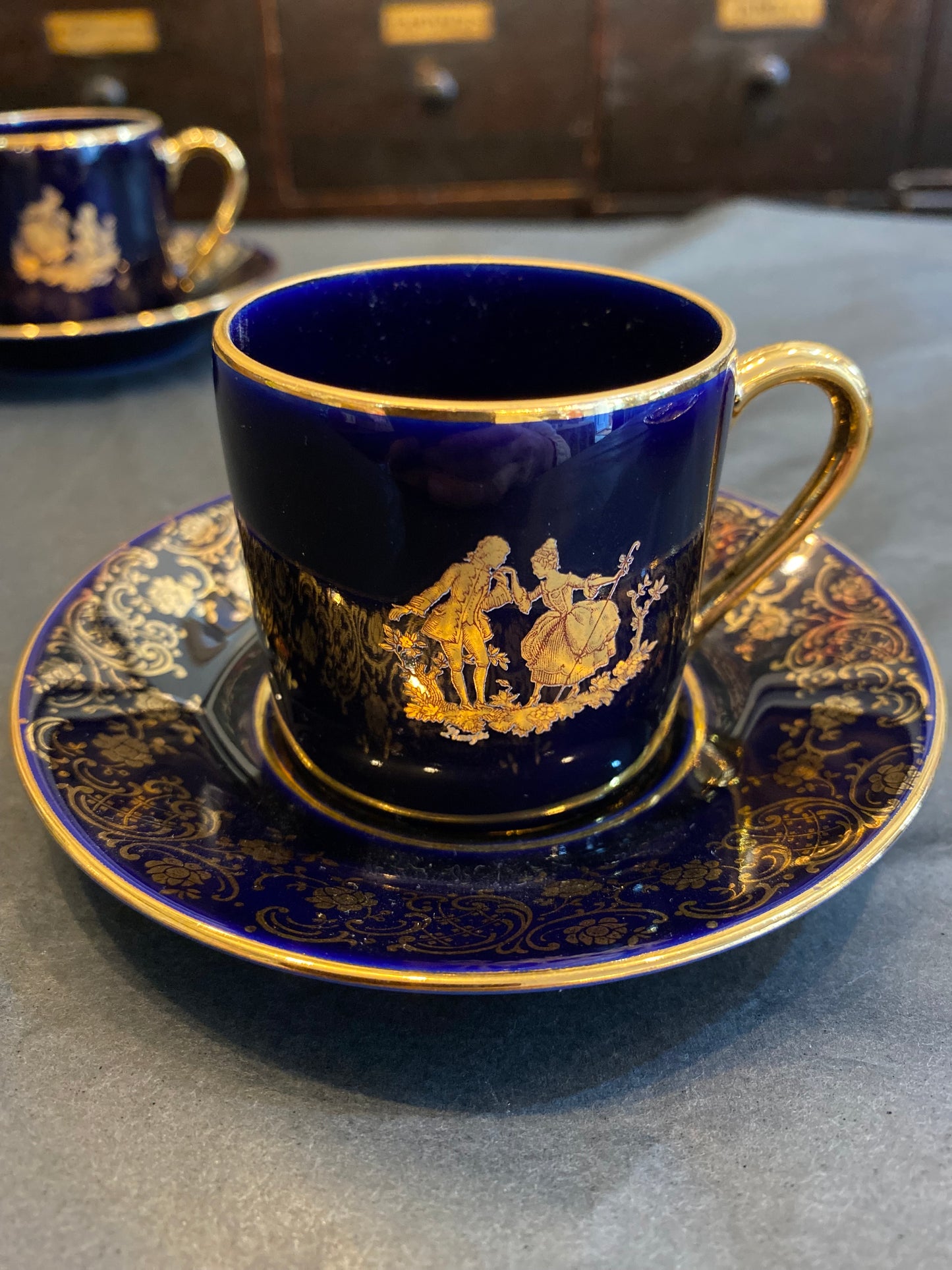 Limoges France 22K gold Part Collection Coffee Cups, Jug and Box