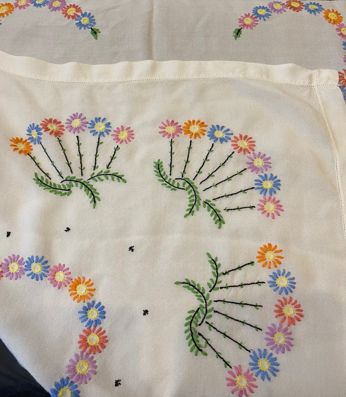 Vintage Linen Hand-Embroidered Floral Tablecloth – 40” x 40” Square