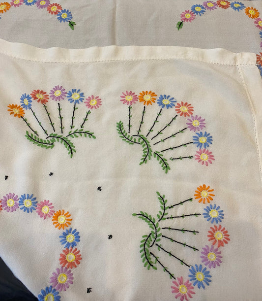 Vintage Linen Hand-Embroidered Floral Tablecloth – 40” x 40” Square