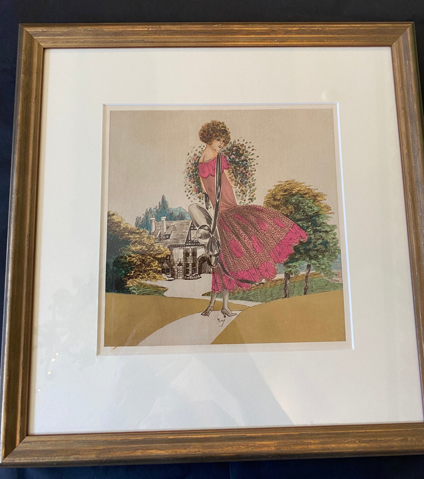 Trio of Antique French Art Deco Fashion Prints Hand-Coloured Pochoir