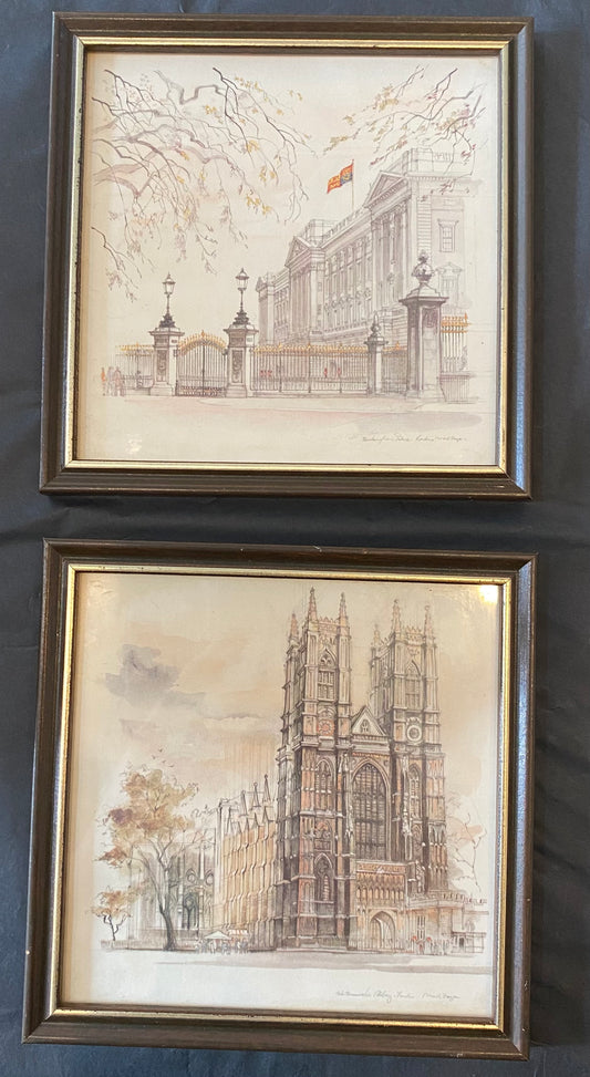 Pair of London Landmark prints by Mads Stage - Buckingham Palace and Westminster Abbey