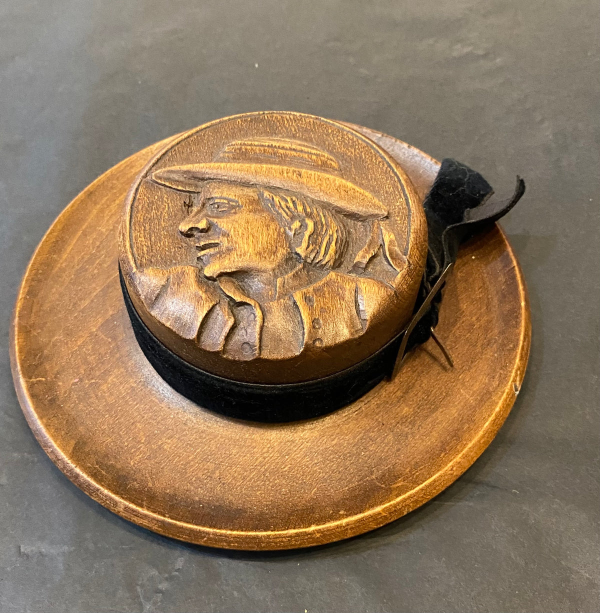 Carved Wood Breton Man Novelty Hat Box – Antique French Folk Art Vanity Trinket Box