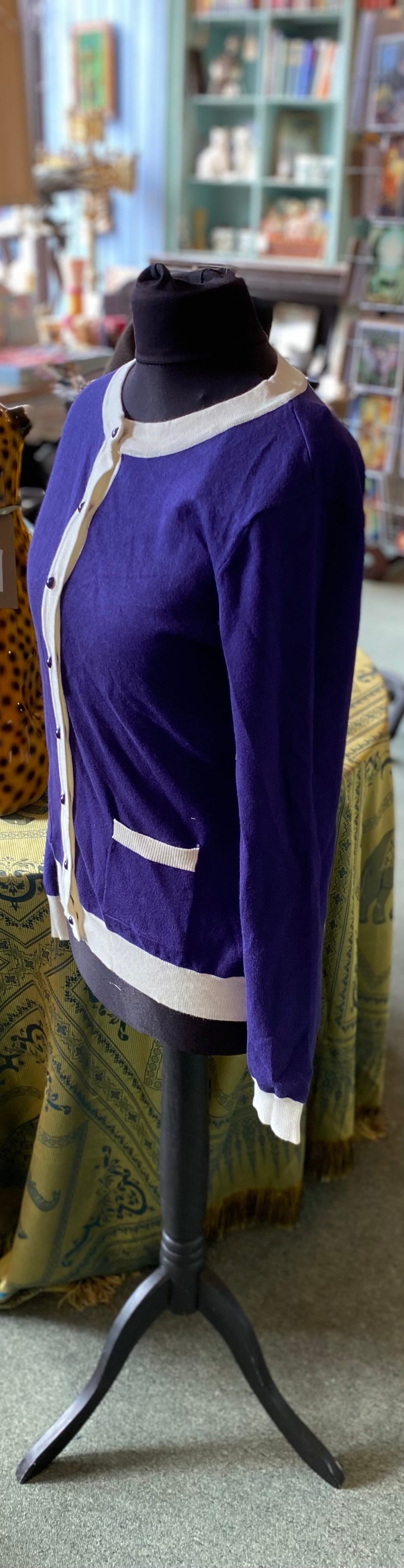 Bright & Beautiful 'Janet' 1960s Retro Contrast Trim Cardigan Purple & White (Size 14)