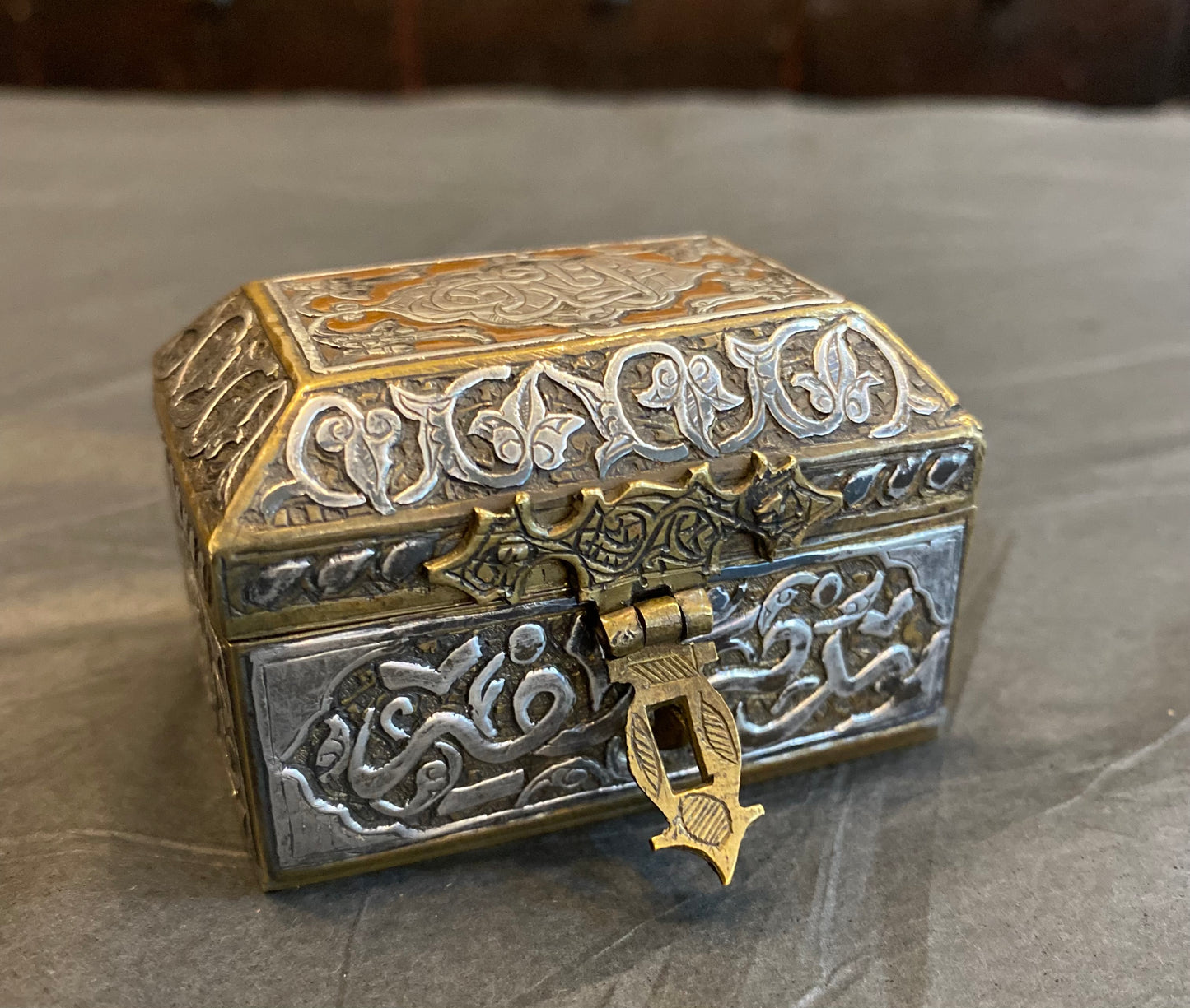Small vintage Damascene jewellery box - brass, copper and silver