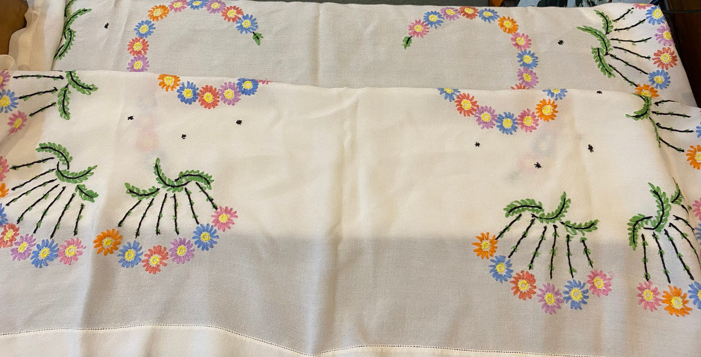 Vintage Linen Hand-Embroidered Floral Tablecloth – 40” x 40” Square