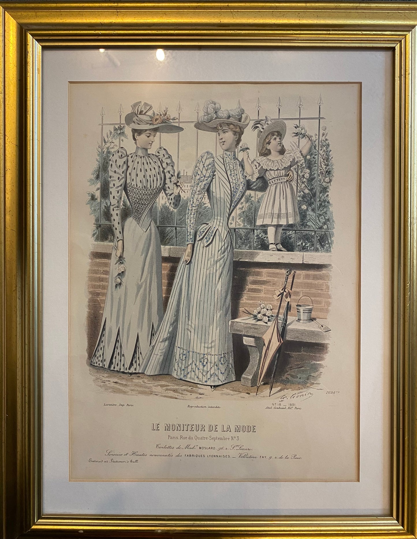 Victorian hand tinted lithograph from the French fashion publication Le Moniteur De La Mode