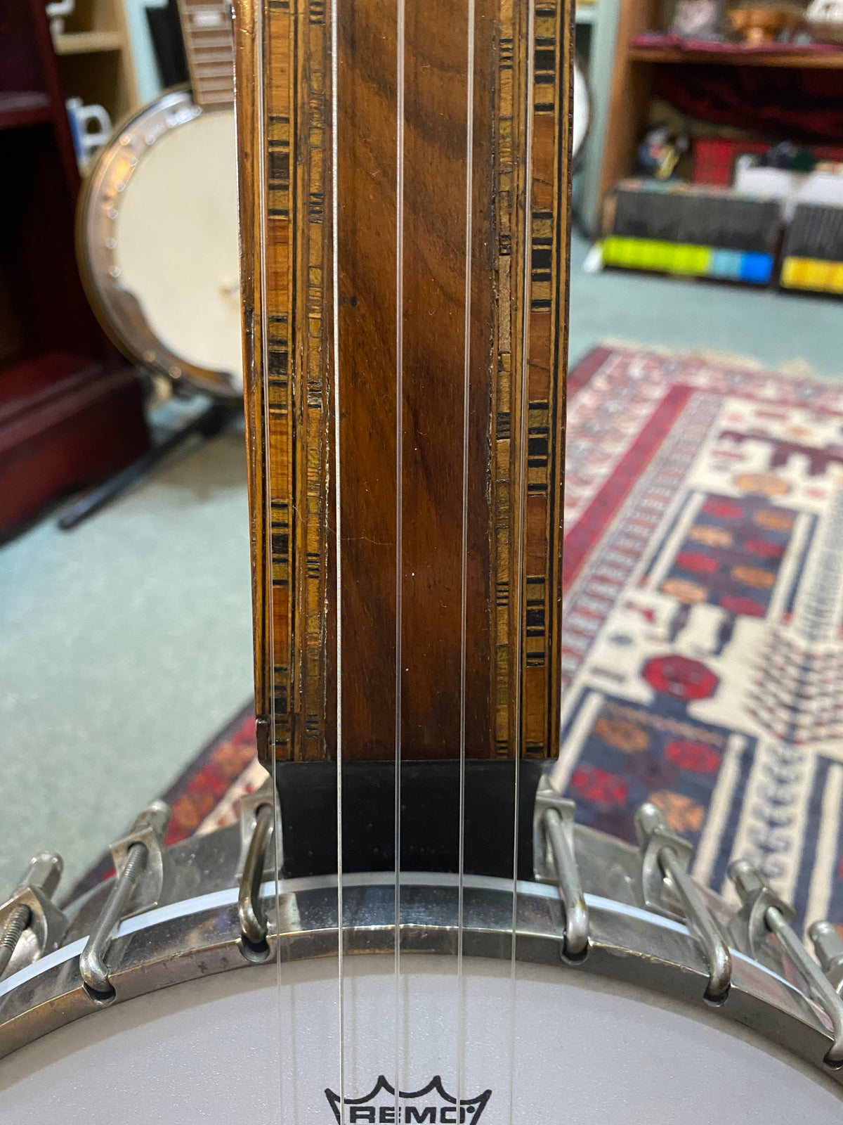 Unique Victorian Tunbridge Ware Fretless 5-String Banjo – Original 6-String Neck, Probable 1930s Windsor Pot