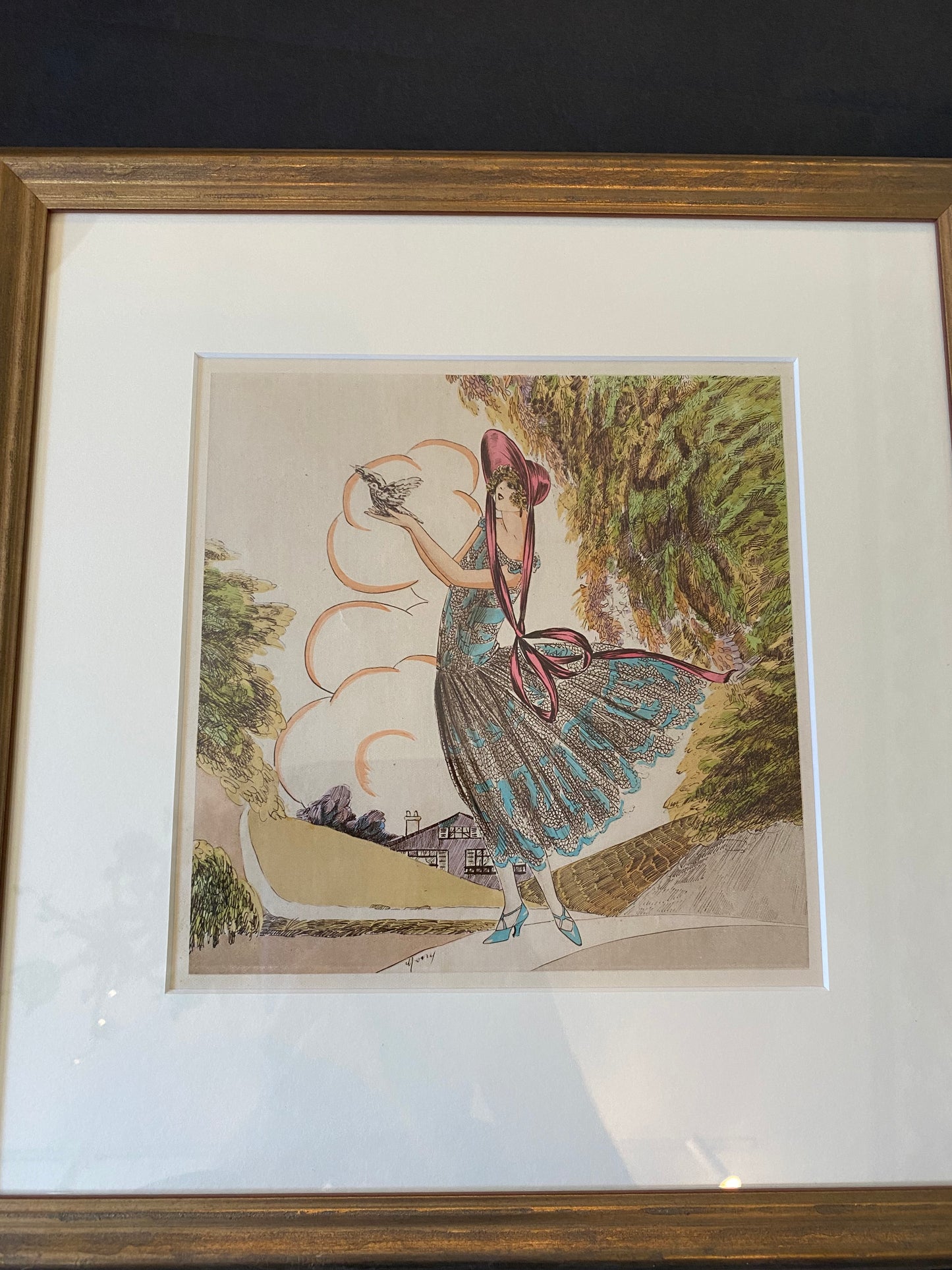 Trio of Antique French Art Deco Fashion Prints Hand-Coloured Pochoir
