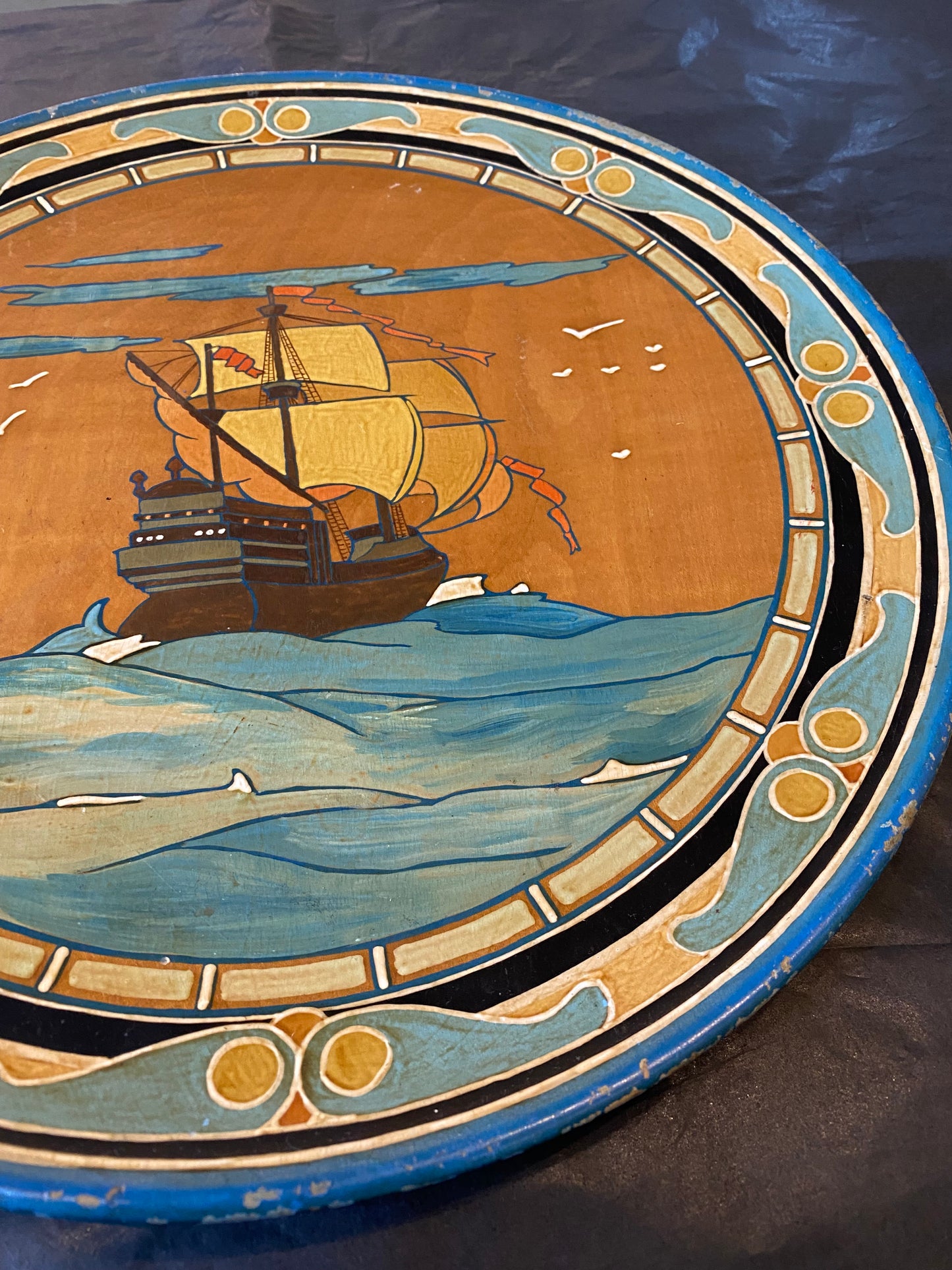 Arts & Crafts hand painted wooden plate - Galleon
