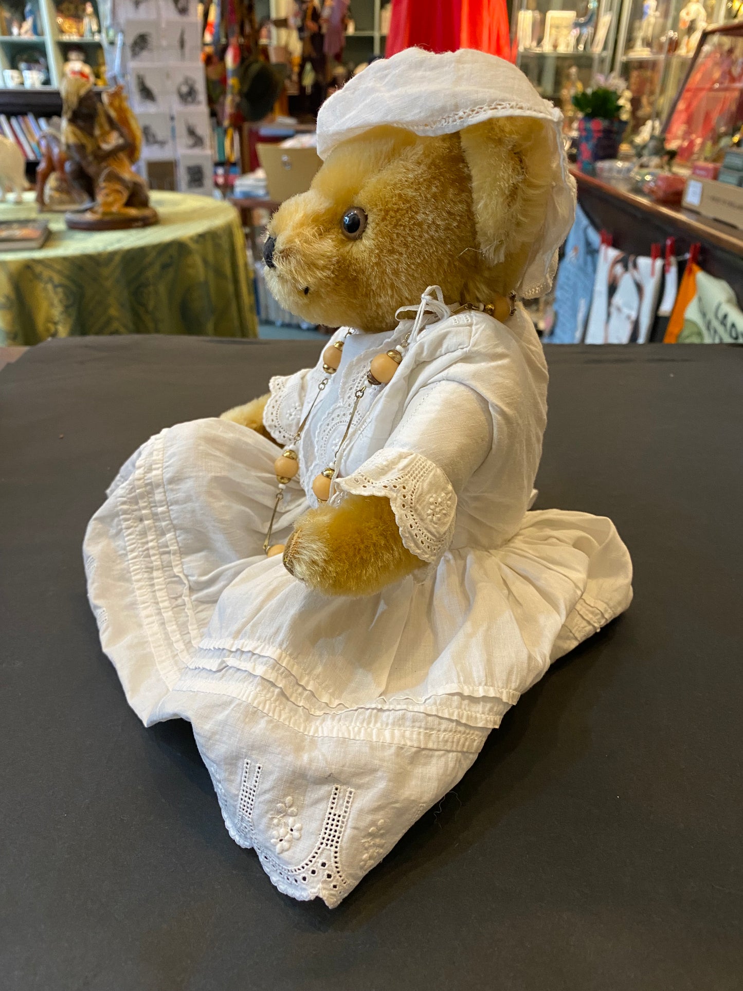 Vintage Merrythought Teddy Bear fully articulated in white dress