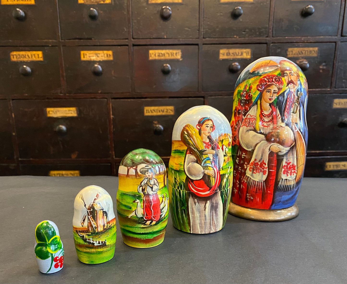 Ukrainian folk hand painted wooden nesting dolls