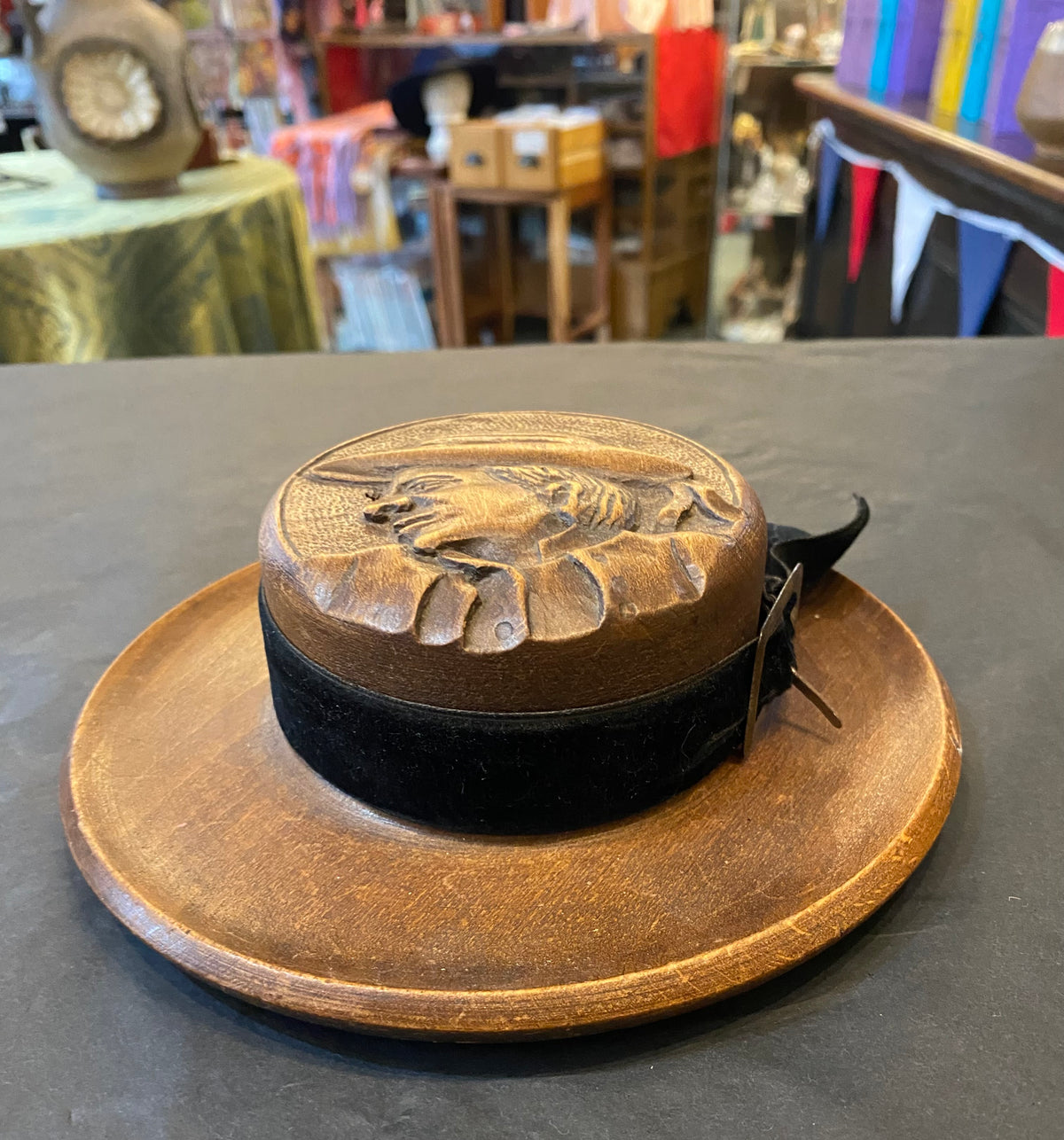 Carved Wood Breton Man Novelty Hat Box – Antique French Folk Art Vanity Trinket Box