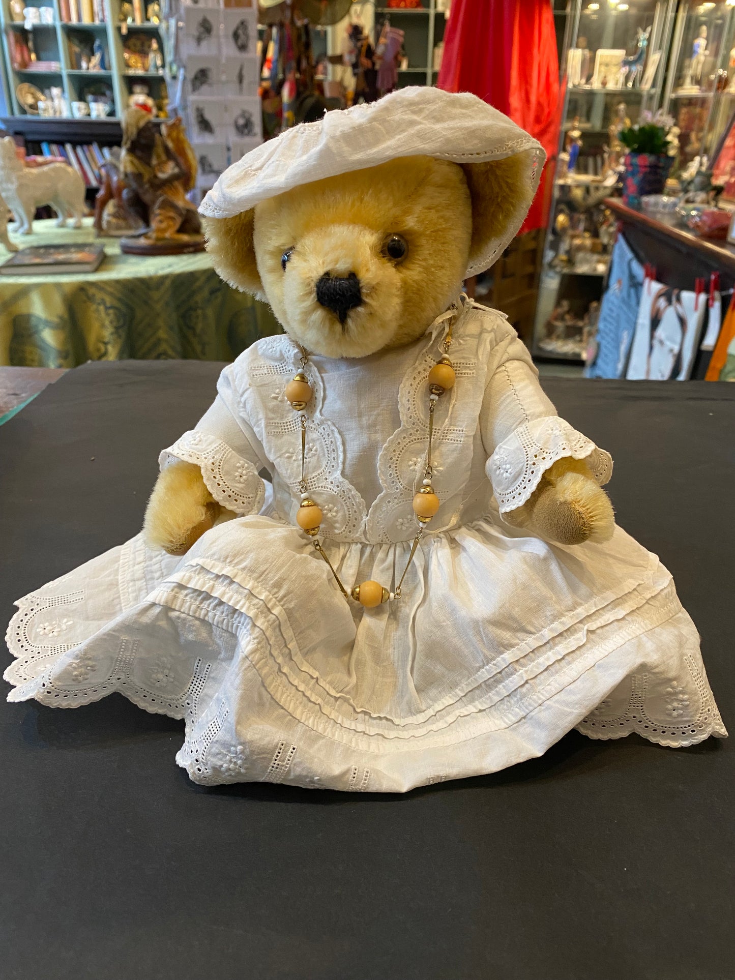 Vintage Merrythought Teddy Bear fully articulated in white dress