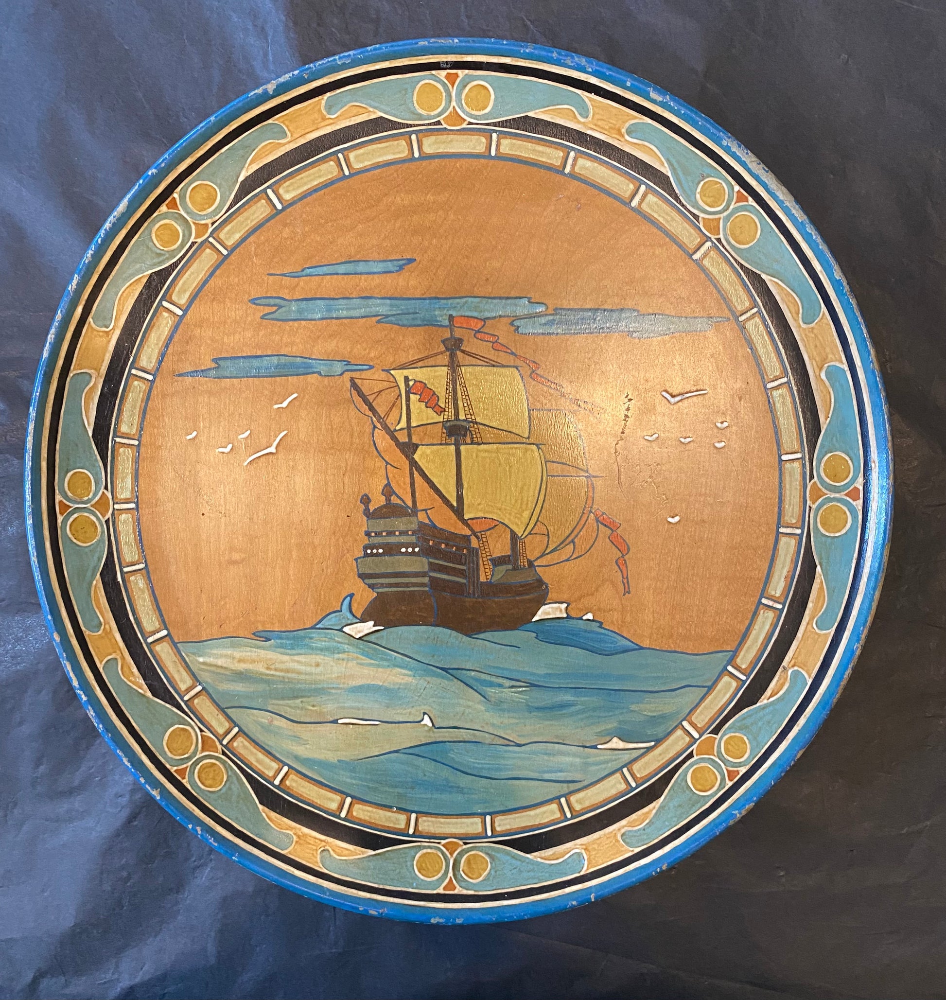 Arts & Crafts hand painted wooden plate - Galleon