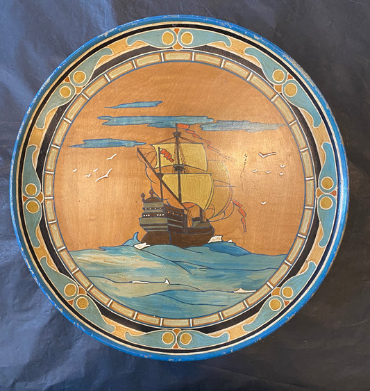 Arts & Crafts hand painted wooden plate - Galleon
