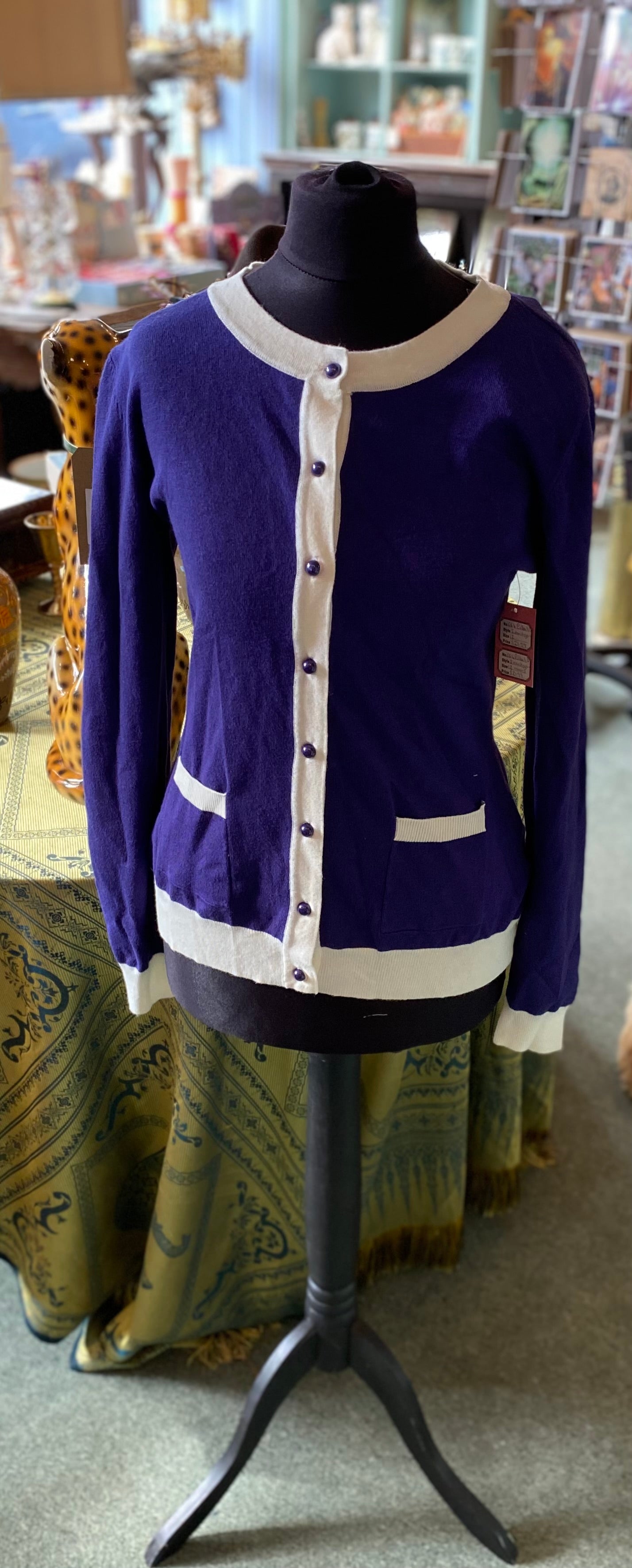 Bright & Beautiful 'Janet' 1960s Retro Contrast Trim Cardigan Purple & White (Size 14)