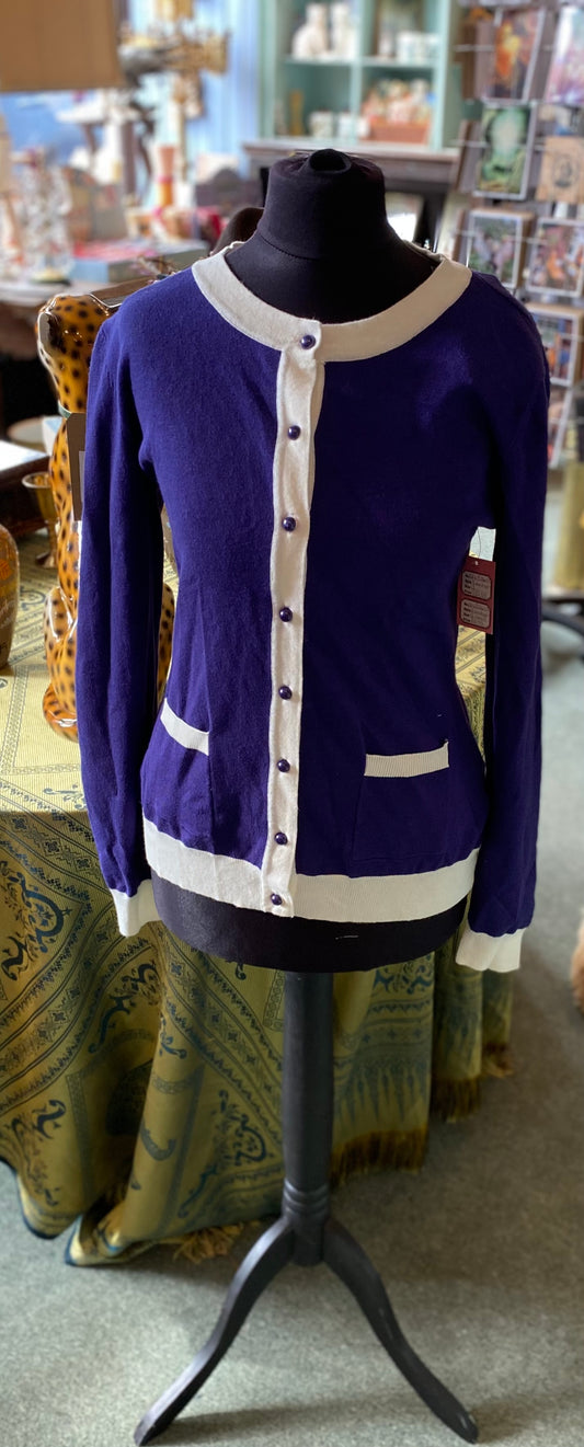 Bright & Beautiful 'Janet' 1960s Retro Contrast Trim Cardigan Purple & White (Size 14)