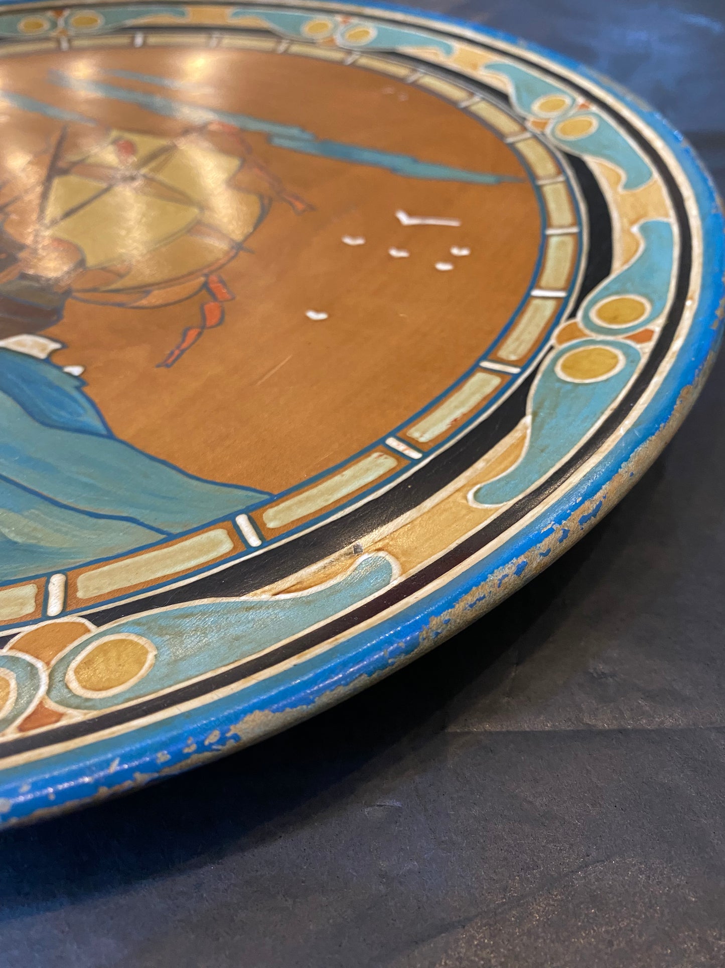 Arts & Crafts hand painted wooden plate - Galleon