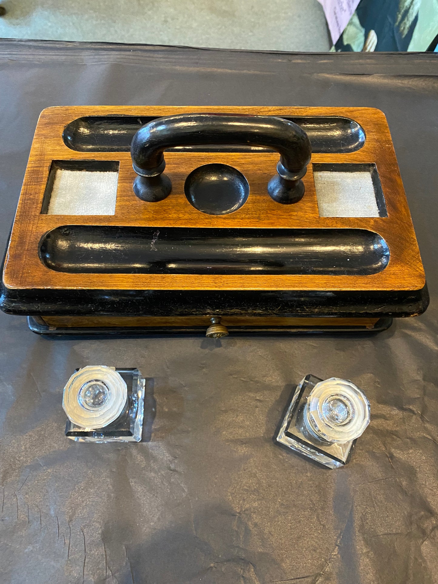 Victorian walnut and ebonised wood desk stand